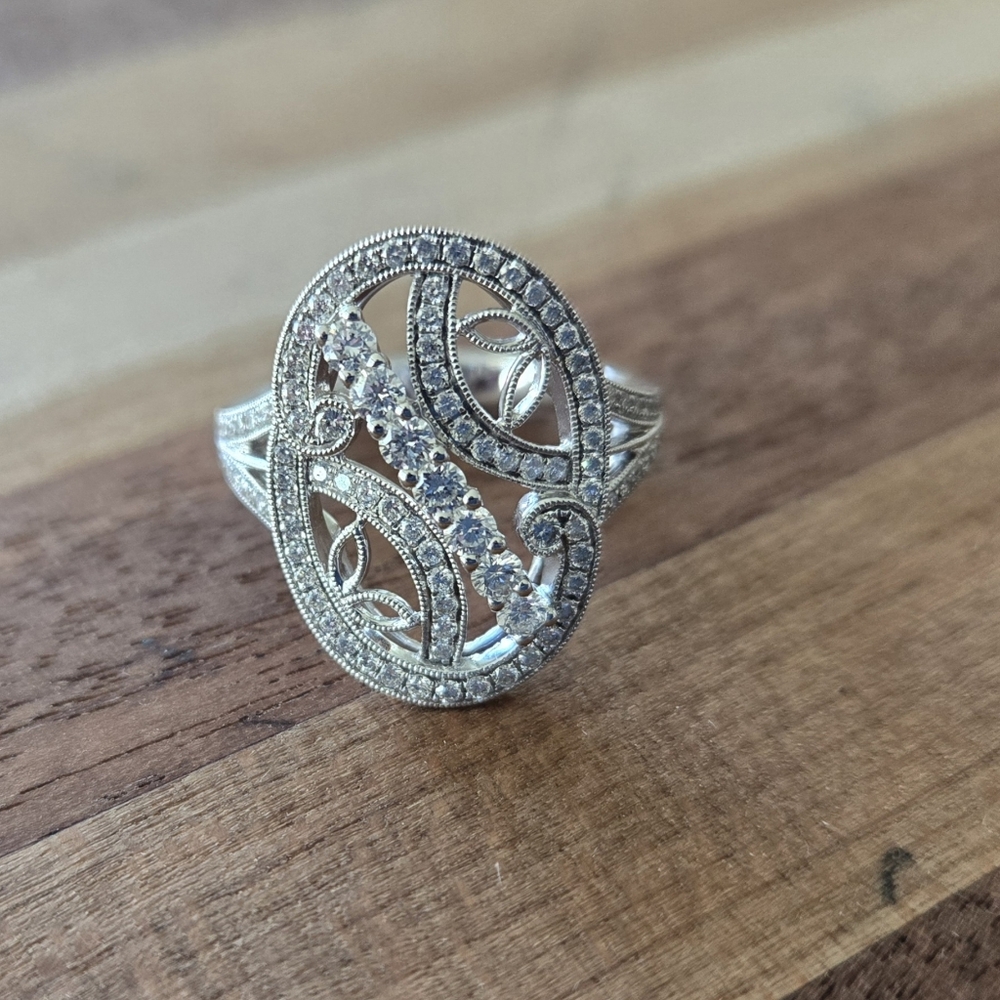 Simon G. 18k White Gold Diamond Oval Shaped Ring With Filigree Totaling 0.74ctw
